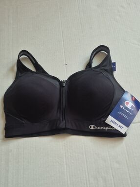 Champion Black Front-Zip High Support Sports Bra with Logo